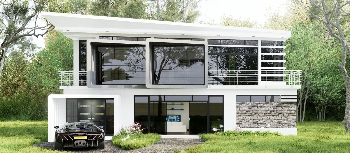 Twilight exterior architectural rendering of a modern home