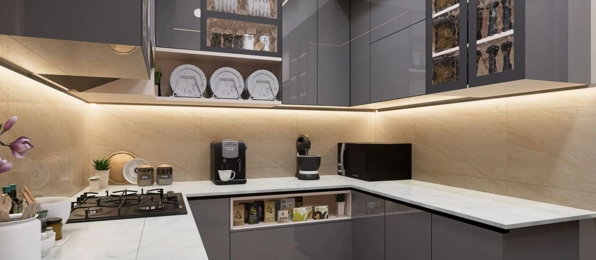 Photorealistic rendering of a modern kitchen interior