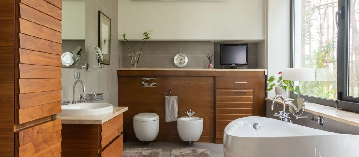 Photorealistic rendering of a contemporary bathroom interior