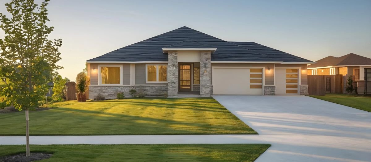 Aerial architectural rendering of a home and its site