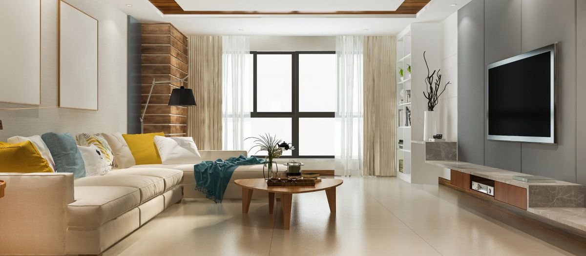 Interior rendering of a bright modern living room